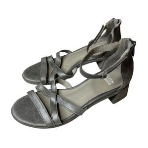 NEW Eileen Fisher Noni Metallic Silver Leather Strap Block Heel Sandals Size 5.5